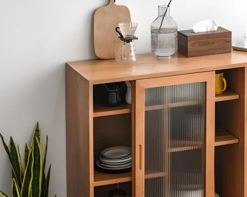 wooden sideboard with glass doors